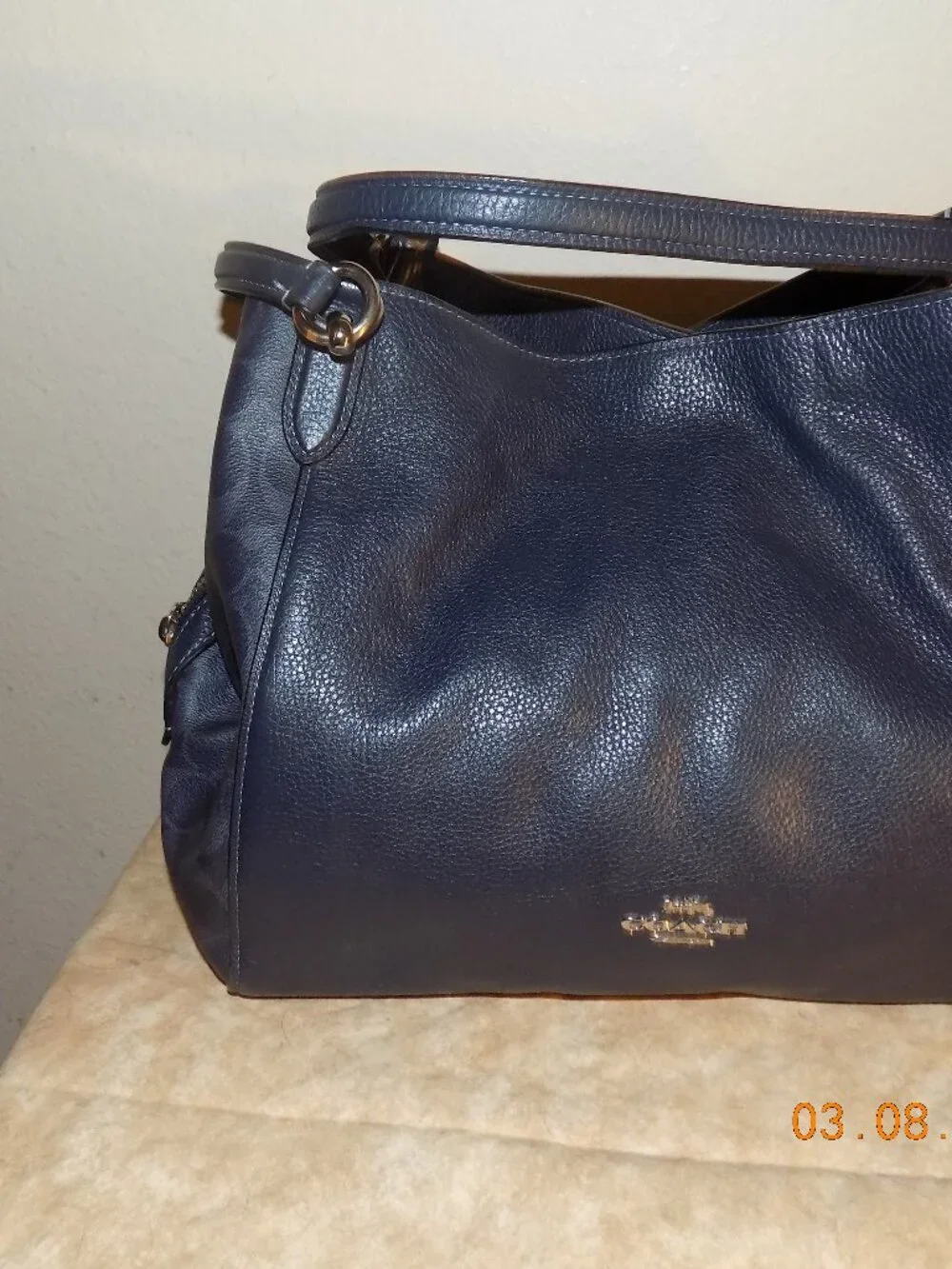 Coach Unique Navy Pebbled Leather Shoulder Hobo with Gold Hardware